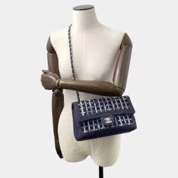Pre Owned Chanel Matelasse W Flap Chain shoulder Navy Tweed Denim Leather
