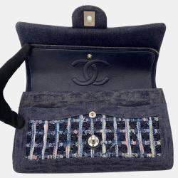 Pre Owned Chanel Matelasse W Flap Chain shoulder Navy Tweed Denim Leather