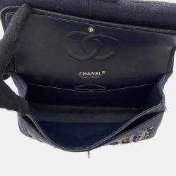 Pre Owned Chanel Matelasse W Flap Chain shoulder Navy Tweed Denim Leather
