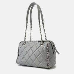 Pre Owned Chanel Luxury Line Chain shoulder Bag Light Gray Calf Leather