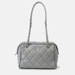 Pre Owned Chanel Luxury Line Chain shoulder Bag Light Gray Calf Leather