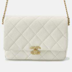 Pre Owned Chanel Matelasse Chain shoulder Bag White Caviar Leather