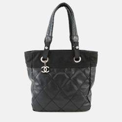 Pre Owned Chanel Paris-Biarritz Tote Black Coating Canvas Leather Size PM