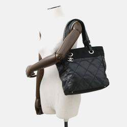 Pre Owned Chanel Paris-Biarritz Tote Black Coating Canvas Leather Size PM