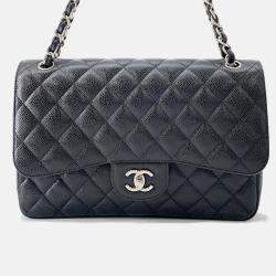 Pre Owned Chanel Matelasse W Flap Chain shoulder Black Caviar Leather Size 30