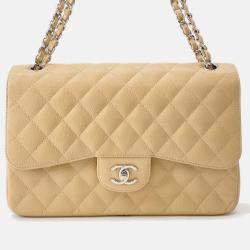 Pre Owned Chanel Matelasse W Flap Chain shoulder Bag Beige Caviar Leather Size 30