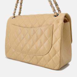 Pre Owned Chanel Matelasse W Flap Chain shoulder Bag Beige Caviar Leather Size 30