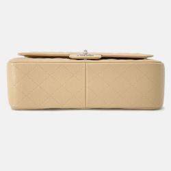 Pre Owned Chanel Matelasse W Flap Chain shoulder Bag Beige Caviar Leather Size 30