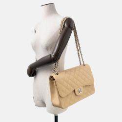 Pre Owned Chanel Matelasse W Flap Chain shoulder Bag Beige Caviar Leather Size 30