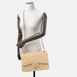 Pre Owned Chanel Matelasse W Flap Chain shoulder Bag Beige Caviar Leather Size 30