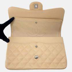 Pre Owned Chanel Matelasse W Flap Chain shoulder Bag Beige Caviar Leather Size 30