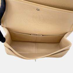 Pre Owned Chanel Matelasse W Flap Chain shoulder Bag Beige Caviar Leather Size 30