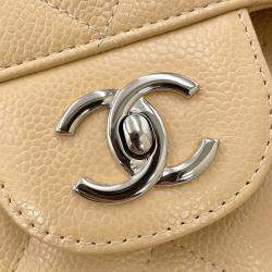 Pre Owned Chanel Matelasse W Flap Chain shoulder Bag Beige Caviar Leather Size 30