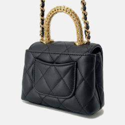 Pre Owned Chanel Coco Handle Chain shoulder Bag Black Lambskin Strass Size Micro