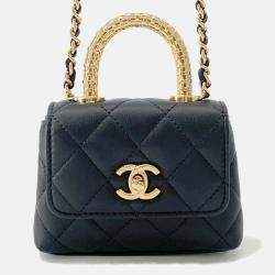 Pre Owned Chanel Coco Handle Chain shoulder Bag Black Lambskin Strass Size Micro