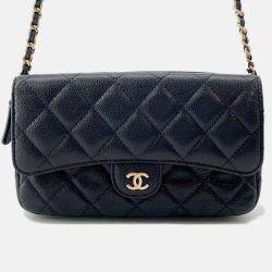 Pre Owned Chanel Matelasse Flap Chain shoulder Phone Pouch Black Caviar Leather