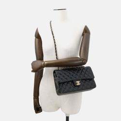 Pre Owned Chanel Matelasse W Flap Chain shoulder Black Lambskin Size 25