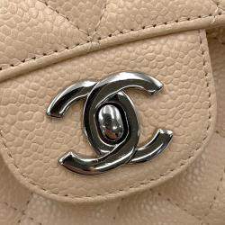 Pre Owned Chanel Matelasse W Flap Chain shoulder Bag Beige Caviar Leather Size 25