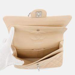Pre Owned Chanel Matelasse W Flap Chain shoulder Bag Beige Caviar Leather Size 25