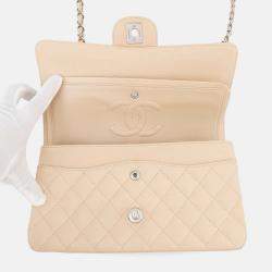 Pre Owned Chanel Matelasse W Flap Chain shoulder Bag Beige Caviar Leather Size 25