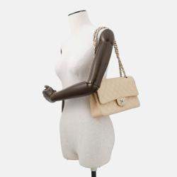 Pre Owned Chanel Matelasse W Flap Chain shoulder Bag Beige Caviar Leather Size 25