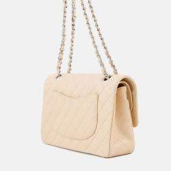 Pre Owned Chanel Matelasse W Flap Chain shoulder Bag Beige Caviar Leather Size 25