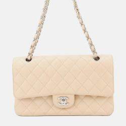 Pre Owned Chanel Matelasse W Flap Chain shoulder Bag Beige Caviar Leather Size 25