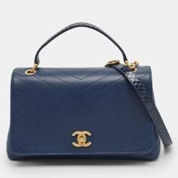 Pre Owned Chanel Navy Blue Chevron Leather and Python Business Affinity Flap Bag