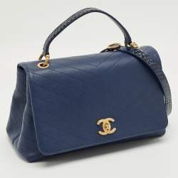 Pre Owned Chanel Navy Blue Chevron Leather and Python Business Affinity Flap Bag