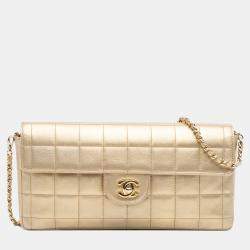 Pre Owned Chanel Gold CC Metallic Lambskin Choco Bar East West Flap