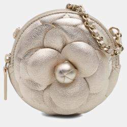 Pre Owned Chanel Gold Mini CC Metallic Lambskin Camellia Bouquet Round Clutch on Chain