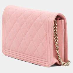 Pre Owned Chanel Pink Quilted Caviar Boy Wallet on Chain
