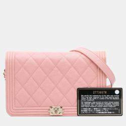 Pre Owned Chanel Pink Quilted Caviar Boy Wallet on Chain