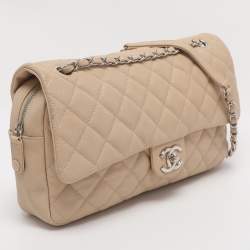 Pre Owned Chanel Beige Quilted Caviar Leather Large Easy Flap Bag