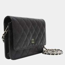 Pre Owned Chanel Classic Chain Wallet Matelasse Caviar Leather Black