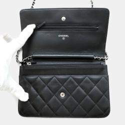 Pre Owned Chanel Chain Wallet Classic Matelasse Coco Mark Lambskin Black