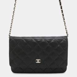 Pre Owned Chanel Chain Wallet Classic Matelasse Coco Mark Lambskin Black