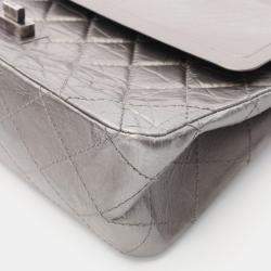 Pre Owned Chanel 2.55 Matelasse Maxi Silver Leather Double Flap Shoulder Bag 
