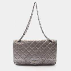 Pre Owned Chanel 2.55 Matelasse Maxi Silver Leather Double Flap Shoulder Bag 