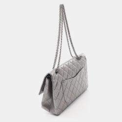 Pre Owned Chanel 2.55 Matelasse Maxi Silver Leather Double Flap Shoulder Bag 