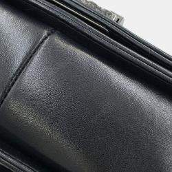 Pre Owned Chanel Boy Chain Shoulder Bag With Coco Mark Caviar Skin Black
