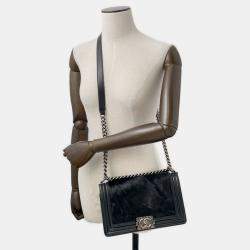 Pre Owned Chanel Boy Chain Shoulder Bag With Coco Mark Caviar Skin Black