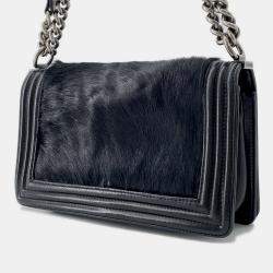 Pre Owned Chanel Boy Chain Shoulder Bag With Coco Mark Caviar Skin Black
