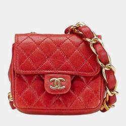 Pre Owned Chanel Coco Mark Mini Matelasse Chain Shoulder Bag Red Lambskin
