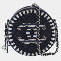 Pre Owned Chanel Navy Blue White Caviar Striped CC Filigree Round Crossbody