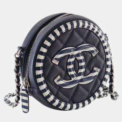 Pre Owned Chanel Navy Blue White Caviar Striped CC Filigree Round Crossbody