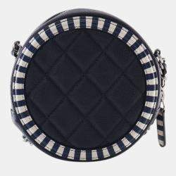 Pre Owned Chanel Navy Blue White Caviar Striped CC Filigree Round Crossbody