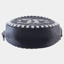 Pre Owned Chanel Navy Blue White Caviar Striped CC Filigree Round Crossbody