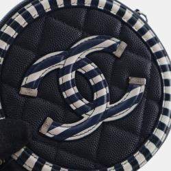 Pre Owned Chanel Navy Blue White Caviar Striped CC Filigree Round Crossbody