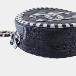 Pre Owned Chanel Navy Blue White Caviar Striped CC Filigree Round Crossbody